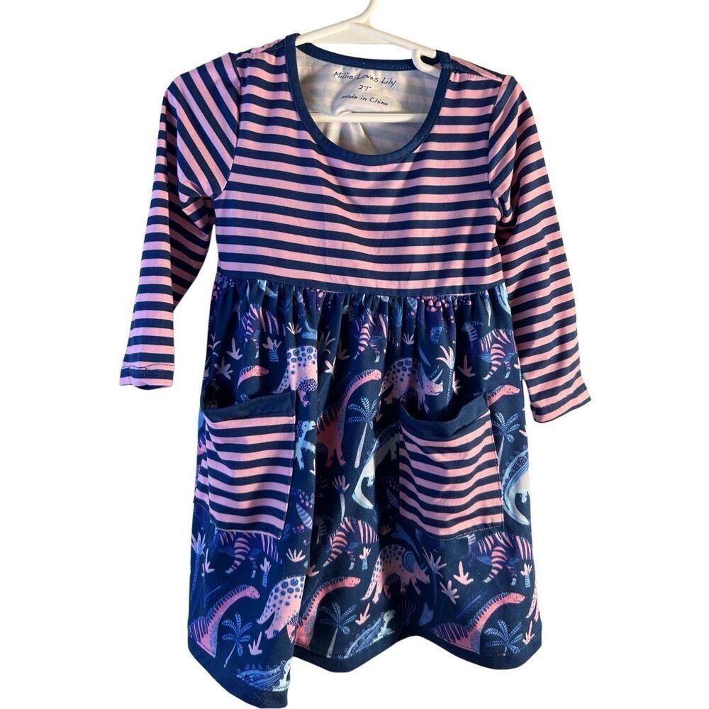 Milly Loves Lily Dinosaur dress 2t Navy Pink‎